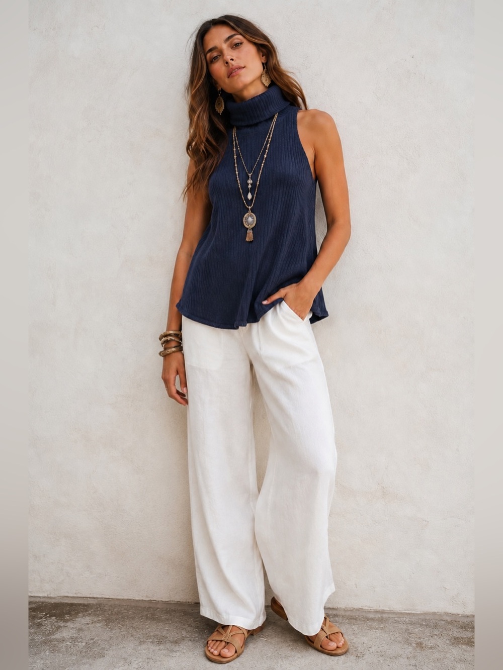 Free People We The Free Women's Sleeveless Pullover Ribbed Blue Halter Top Sz S